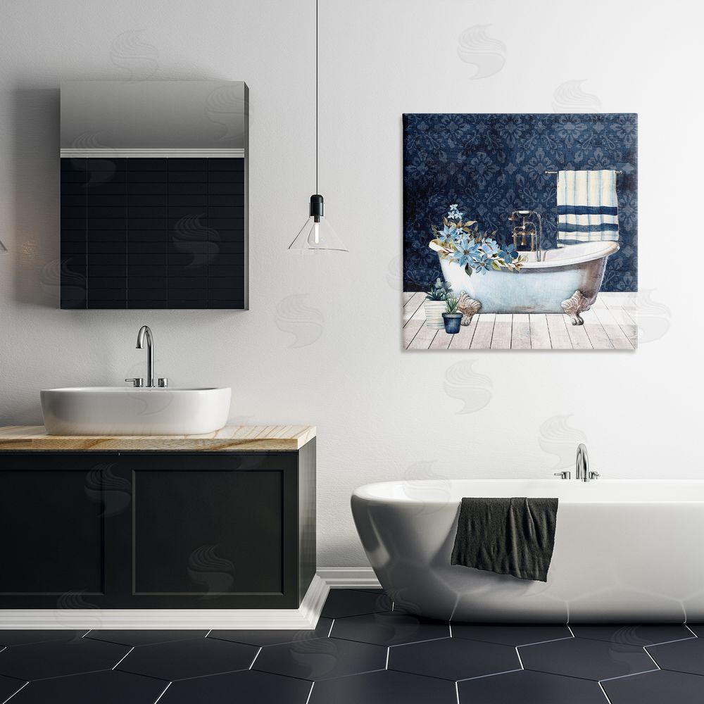 Kim Allen Blue Damask Bathroom Canvas Wall Art Print in Room
