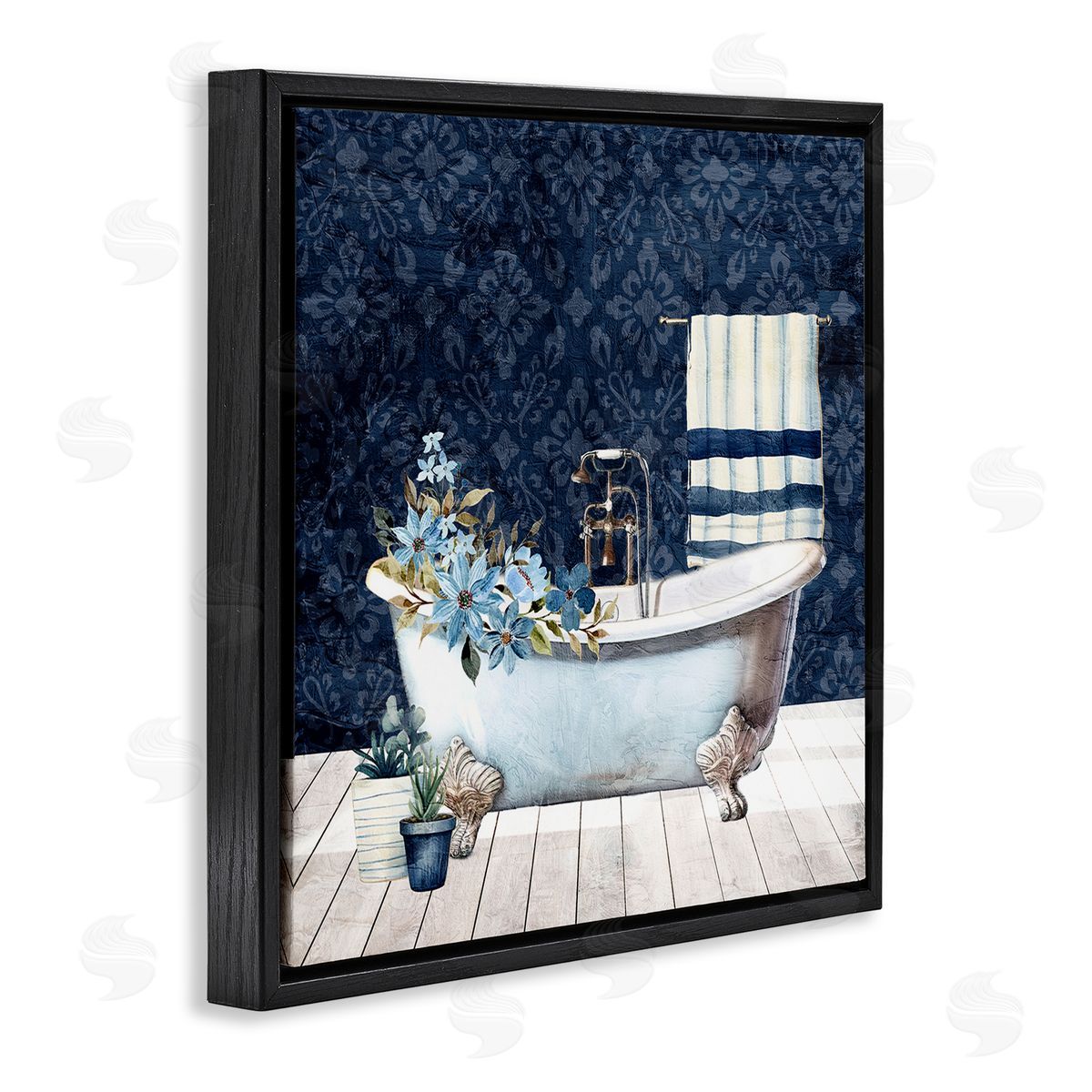 Kim Allen Blue Damask Bathroom Black Floating Frame Canvas Wall Art Print