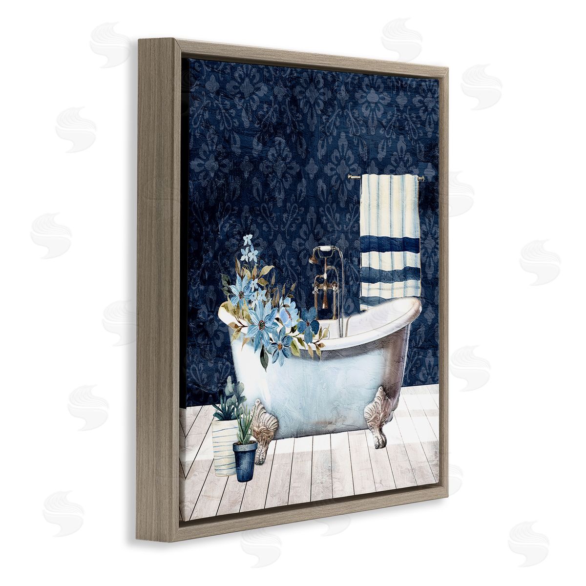 Kim Allen Blue Damask Bathroom Brown Floating Frame Canvas Wall Art Print