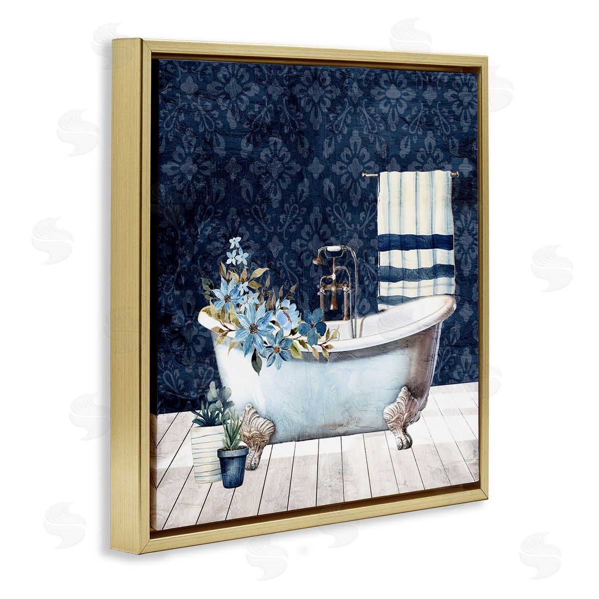 Kim Allen Blue Damask Bathroom Gold Floating Frame Canvas Wall Art Print
