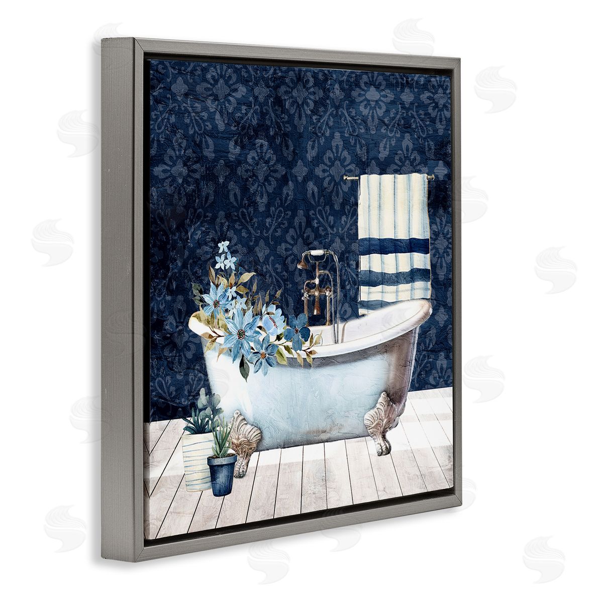 Kim Allen Blue Damask Bathroom Gray Floating Frame Canvas Wall Art Print