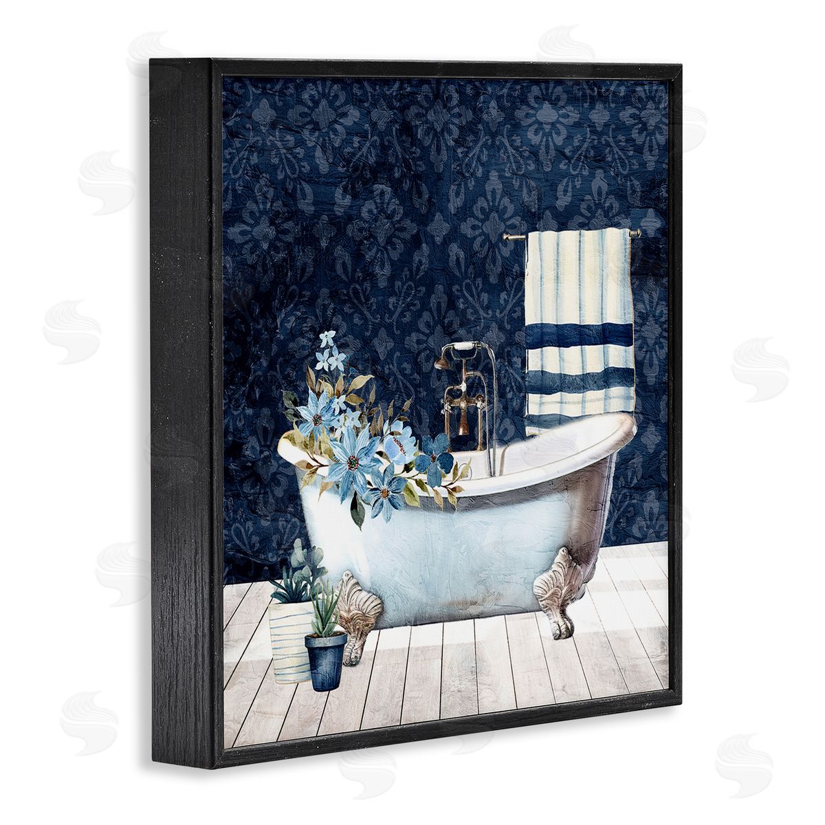 Kim Allen Blue Damask Bathroom Black Framed Giclee Wall Art Print