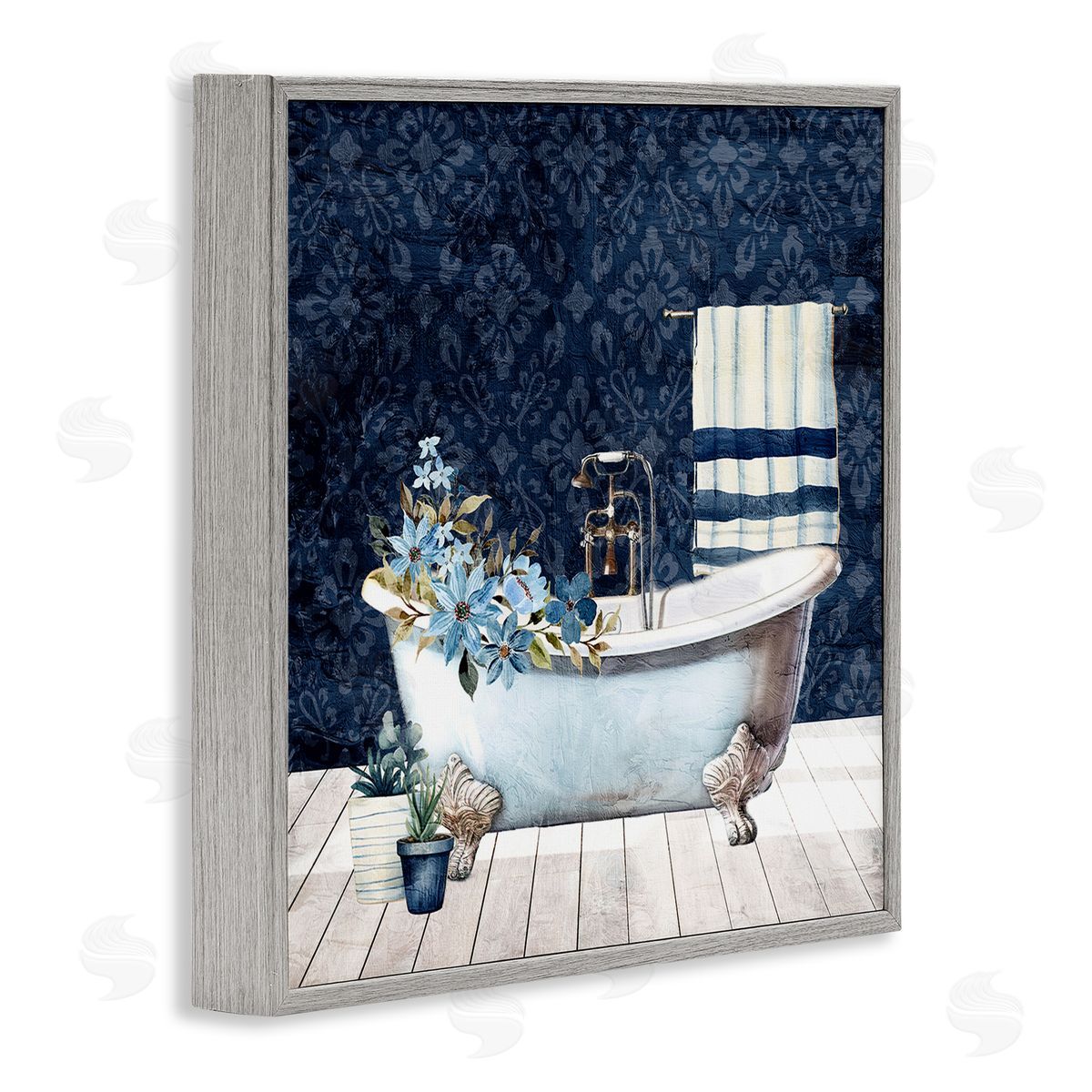 Kim Allen Blue Damask Bathroom Gray Framed Giclee Wall Art Print