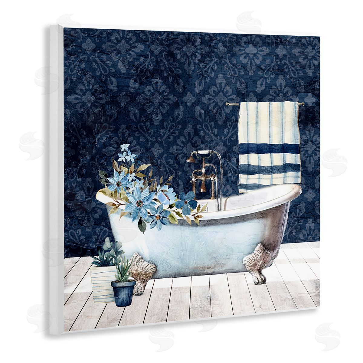 Kim Allen Blue Damask Bathroom Wooden Wall Plaque Art Print