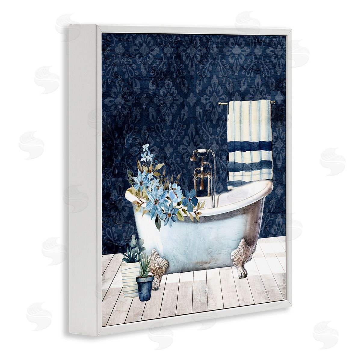Kim Allen Blue Damask Bathroom White Framed Giclee Wall Art Print