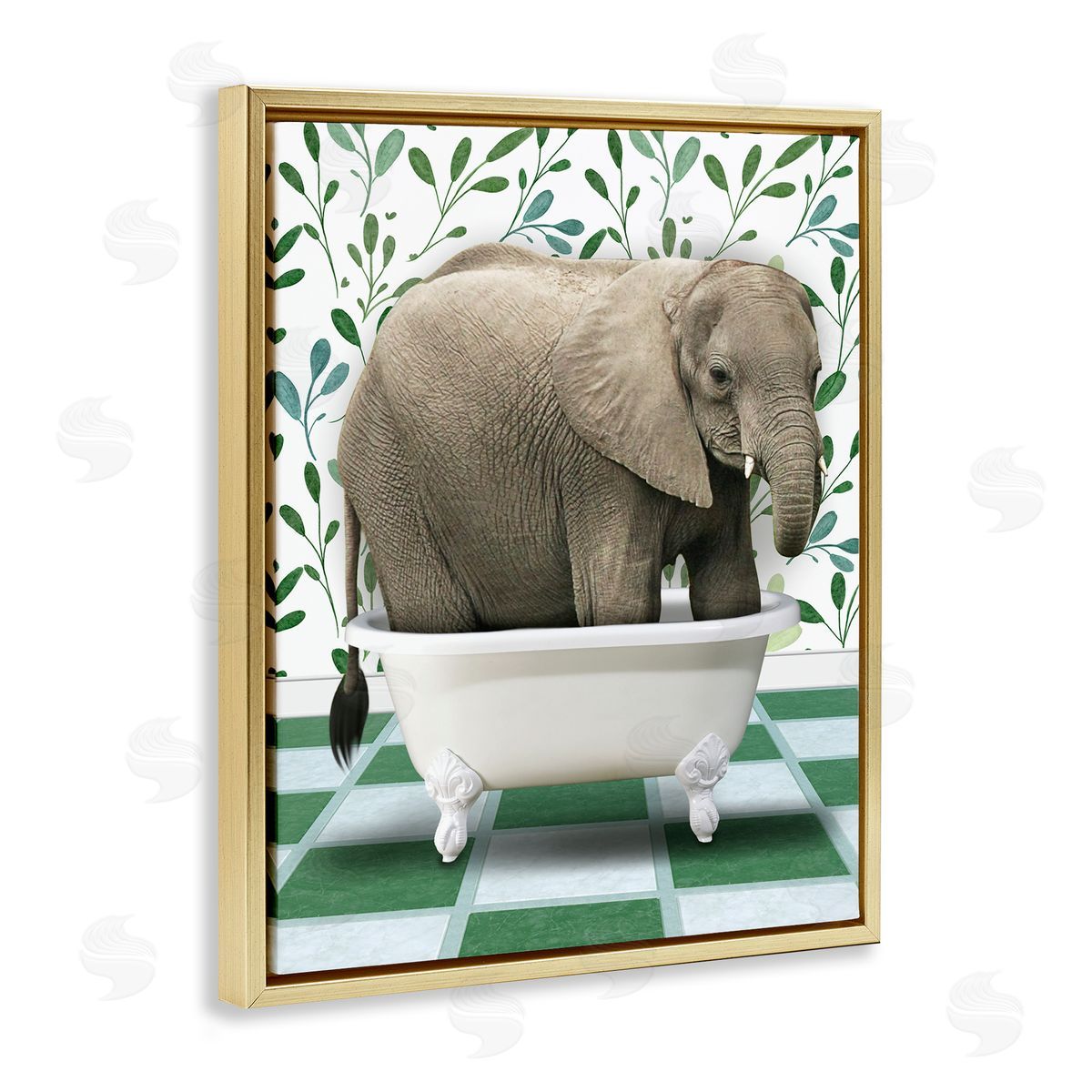 Marcus Prime Bathing Elephant on Green Gold Floating Frame Canvas Wall Art Print