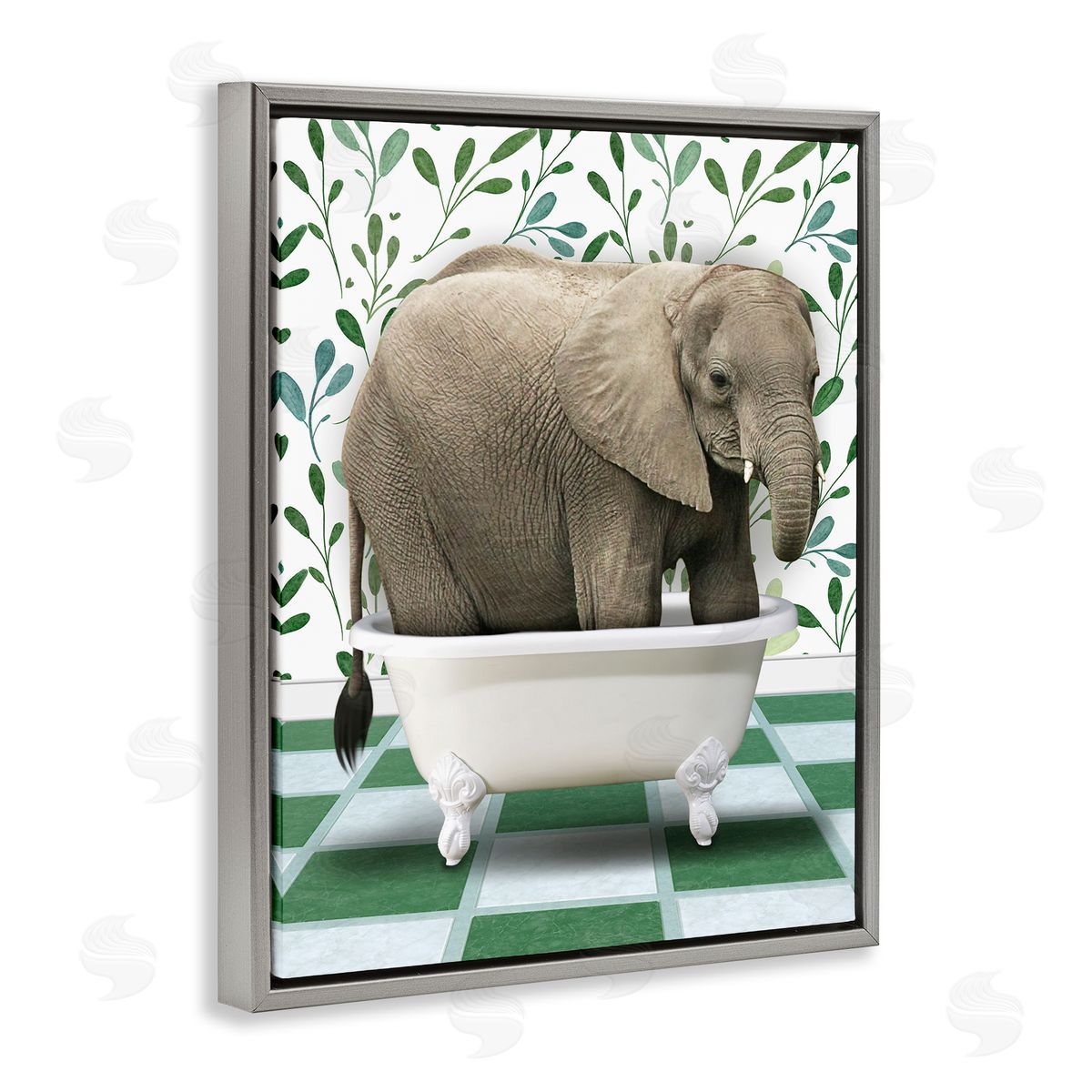 Marcus Prime Bathing Elephant on Green Gray Floating Frame Canvas Wall Art Print