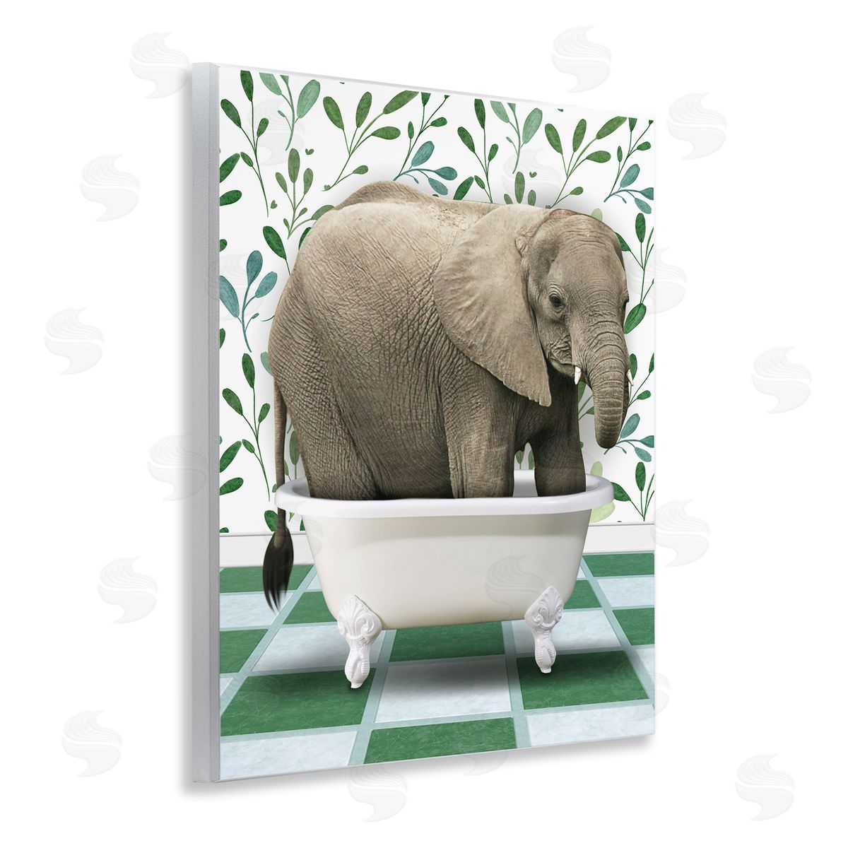 Marcus Prime Bathing Elephant on Green Wooden Wall Plaque Art Print