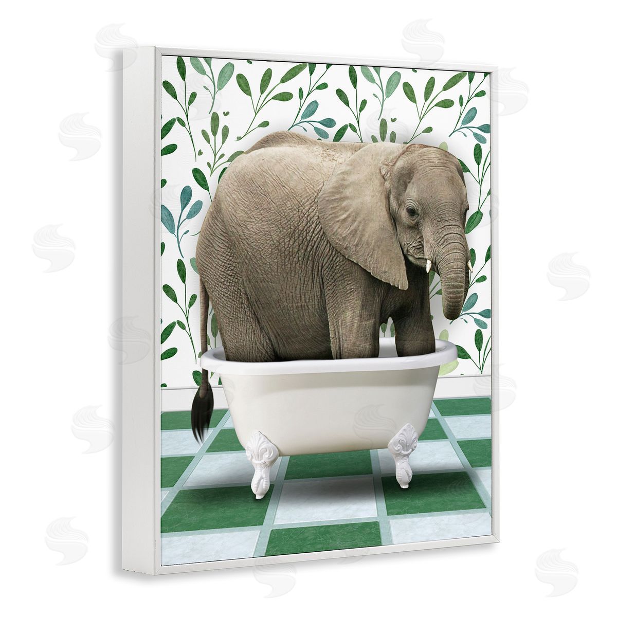 Marcus Prime Bathing Elephant on Green White Framed Giclee Wall Art Print