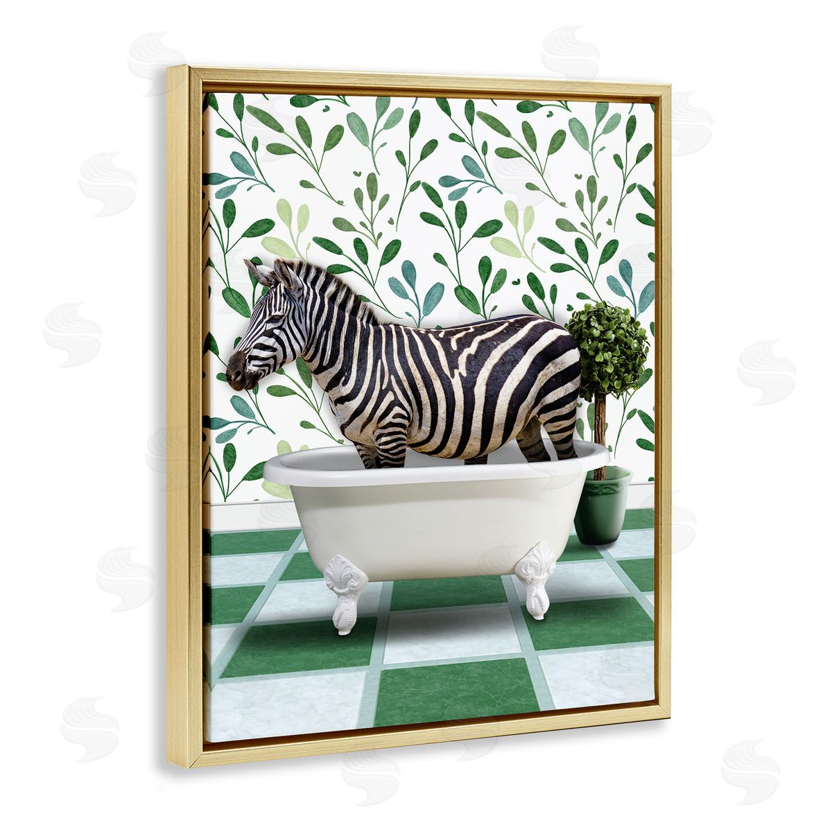 Marcus Prime Zebra in Green Bathroom Gold Floating Frame Canvas Wall Art Print