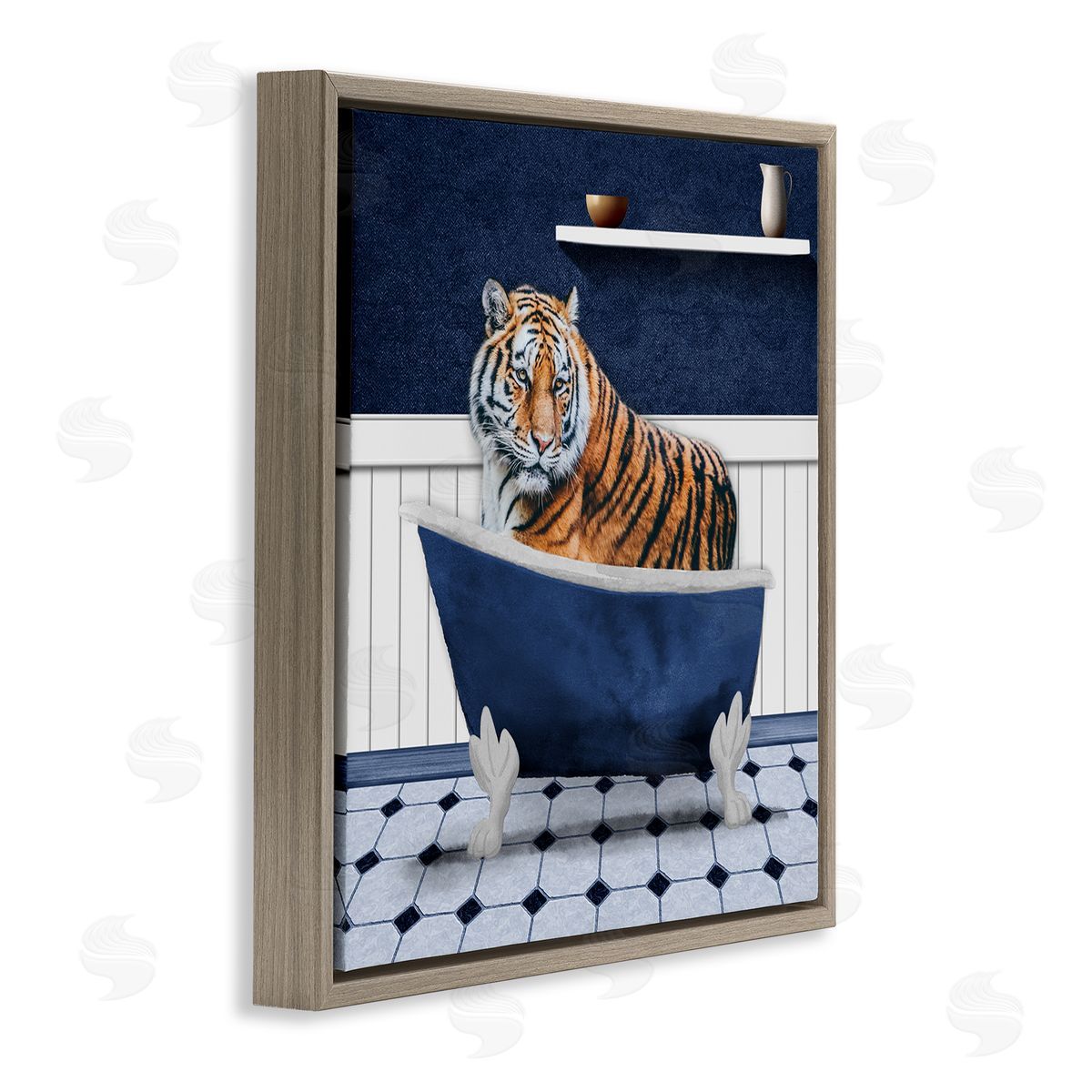 Marcus Prime Tiger in Blue Bathroom Brown Floating Frame Canvas Wall Art Print