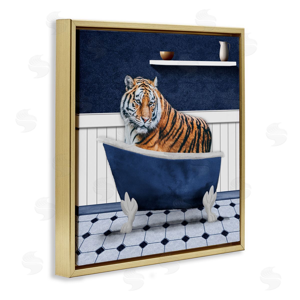 Marcus Prime Tiger in Blue Bathroom Gold Floating Frame Canvas Wall Art Print