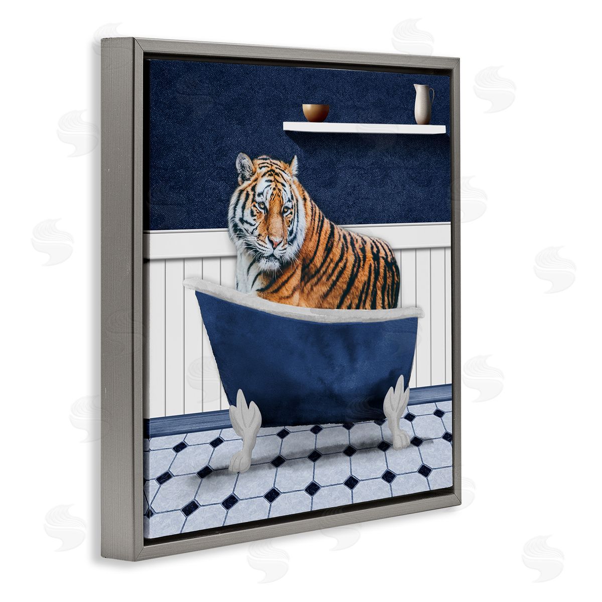 Marcus Prime Tiger in Blue Bathroom Gray Floating Frame Canvas Wall Art Print
