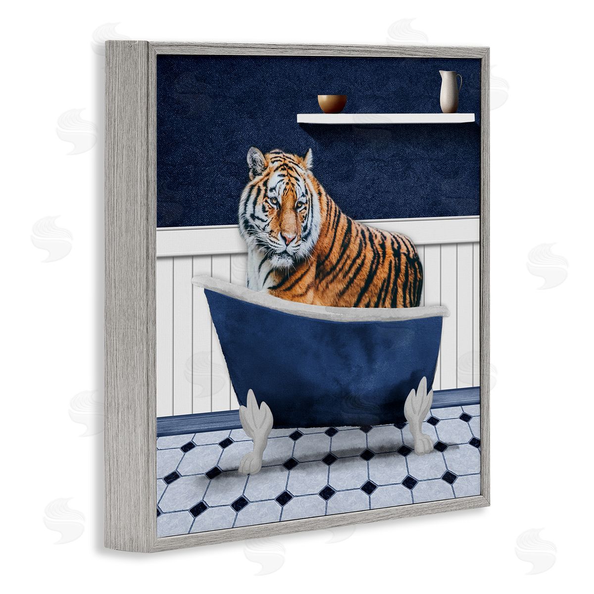 Marcus Prime Tiger in Blue Bathroom Gray Framed Giclee Wall Art Print