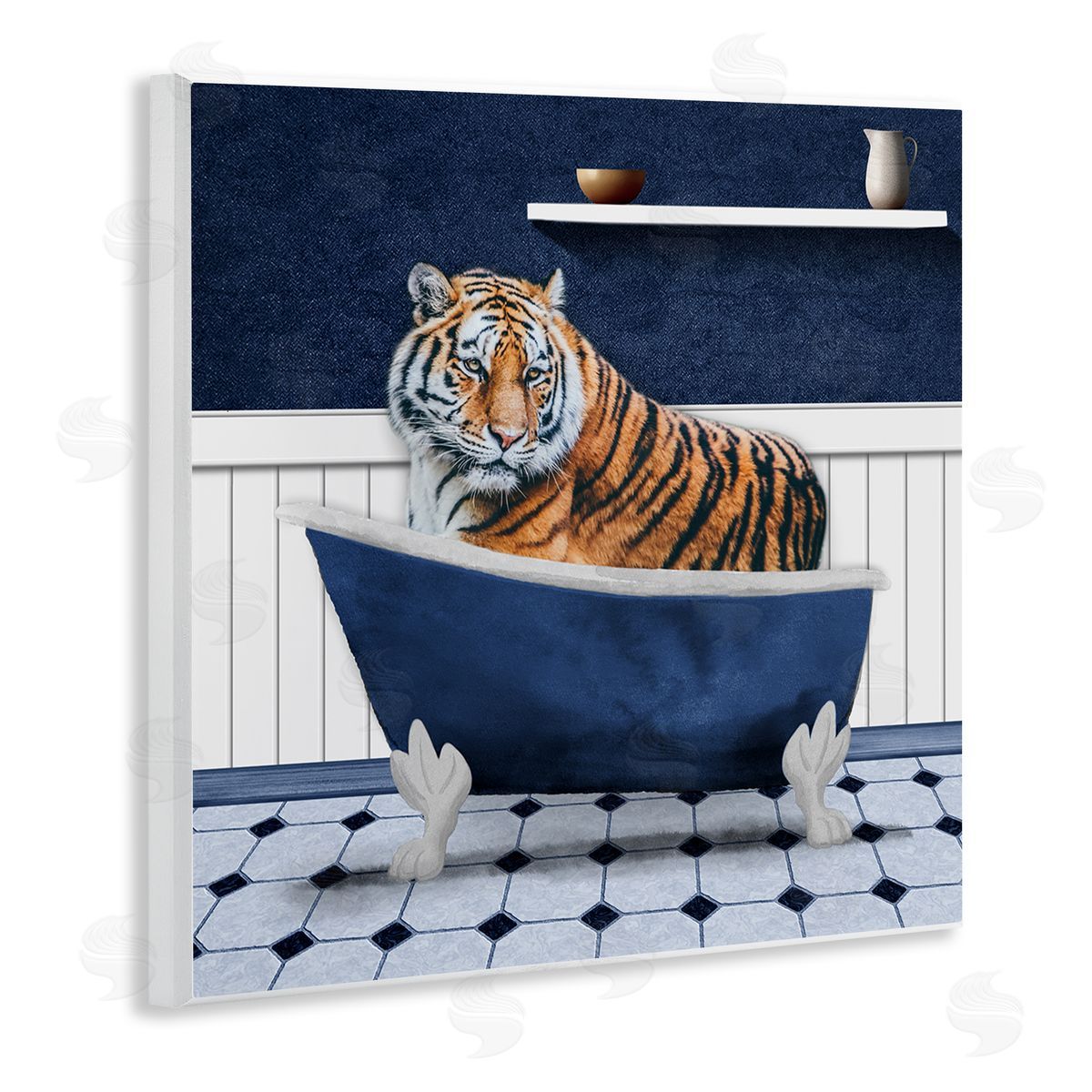 Marcus Prime Tiger in Blue Bathroom Wooden Wall Plaque Art Print