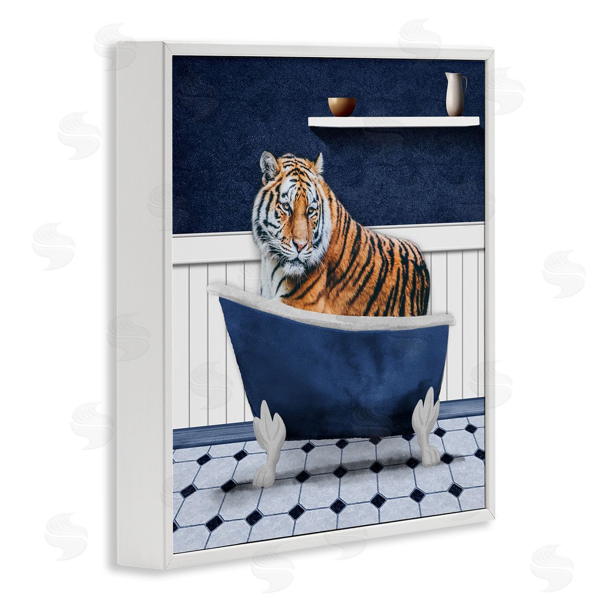 Marcus Prime Tiger in Blue Bathroom White Framed Giclee Wall Art Print
