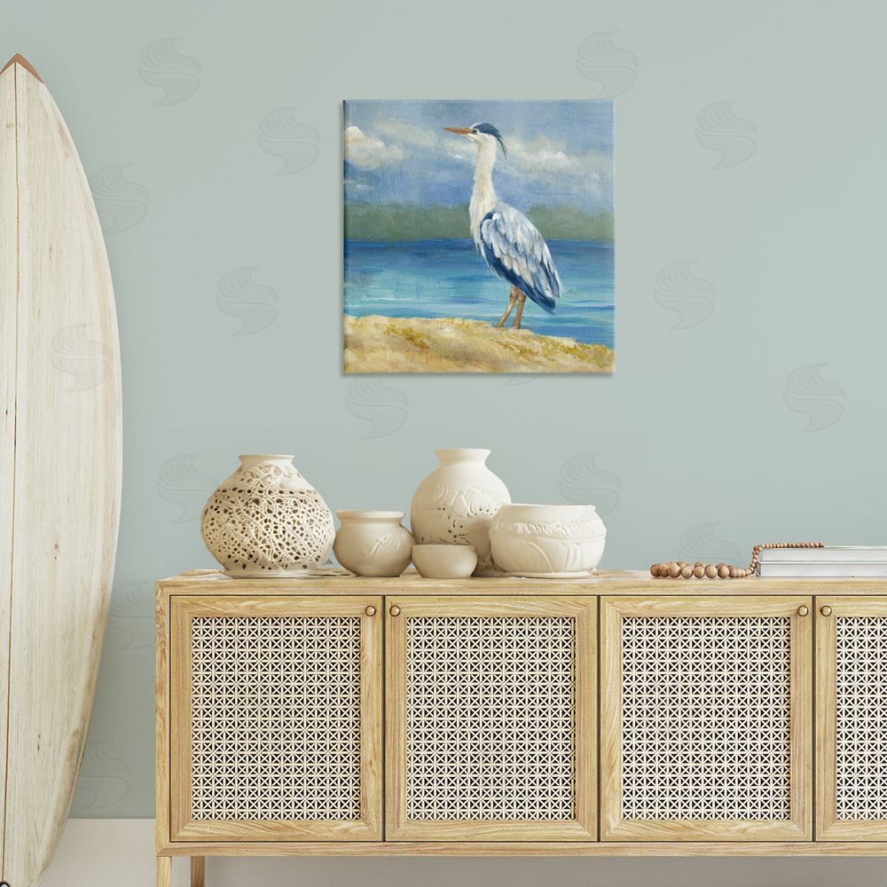 Lanie Loreth Heron on Cloudy Beach Canvas Wall Art Print in Room