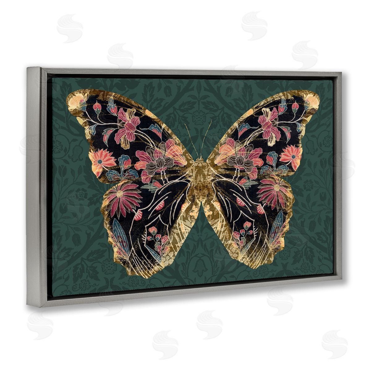 Victoria Barnes Ornate Pattern Butterfly Gray Floating Frame Canvas Wall Art Print