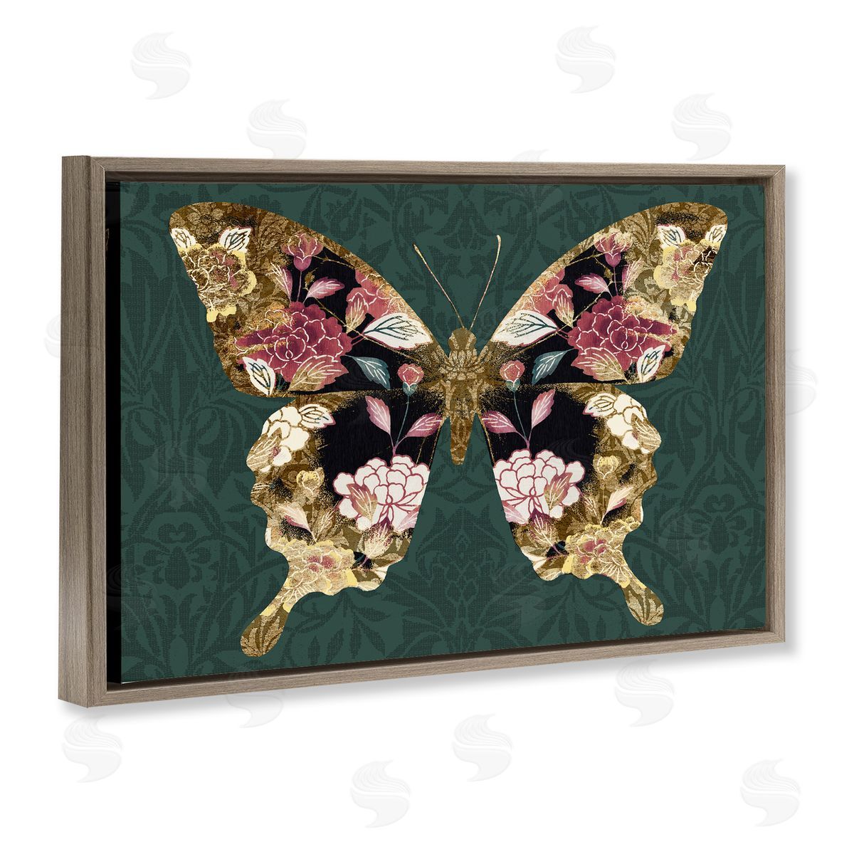 Victoria Barnes Rococo Butterfly Pattern Brown Floating Frame Canvas Wall Art Print