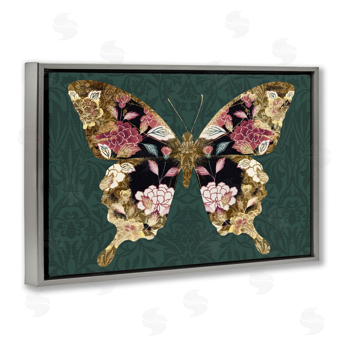 Victoria Barnes Rococo Butterfly Pattern Gray Floating Frame Canvas Wall Art Print