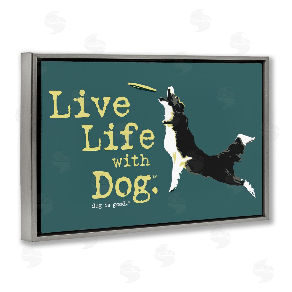 Dog Is Good Dog Playing Fetch Phrase Gray Floating Frame Canvas Wall Art Print