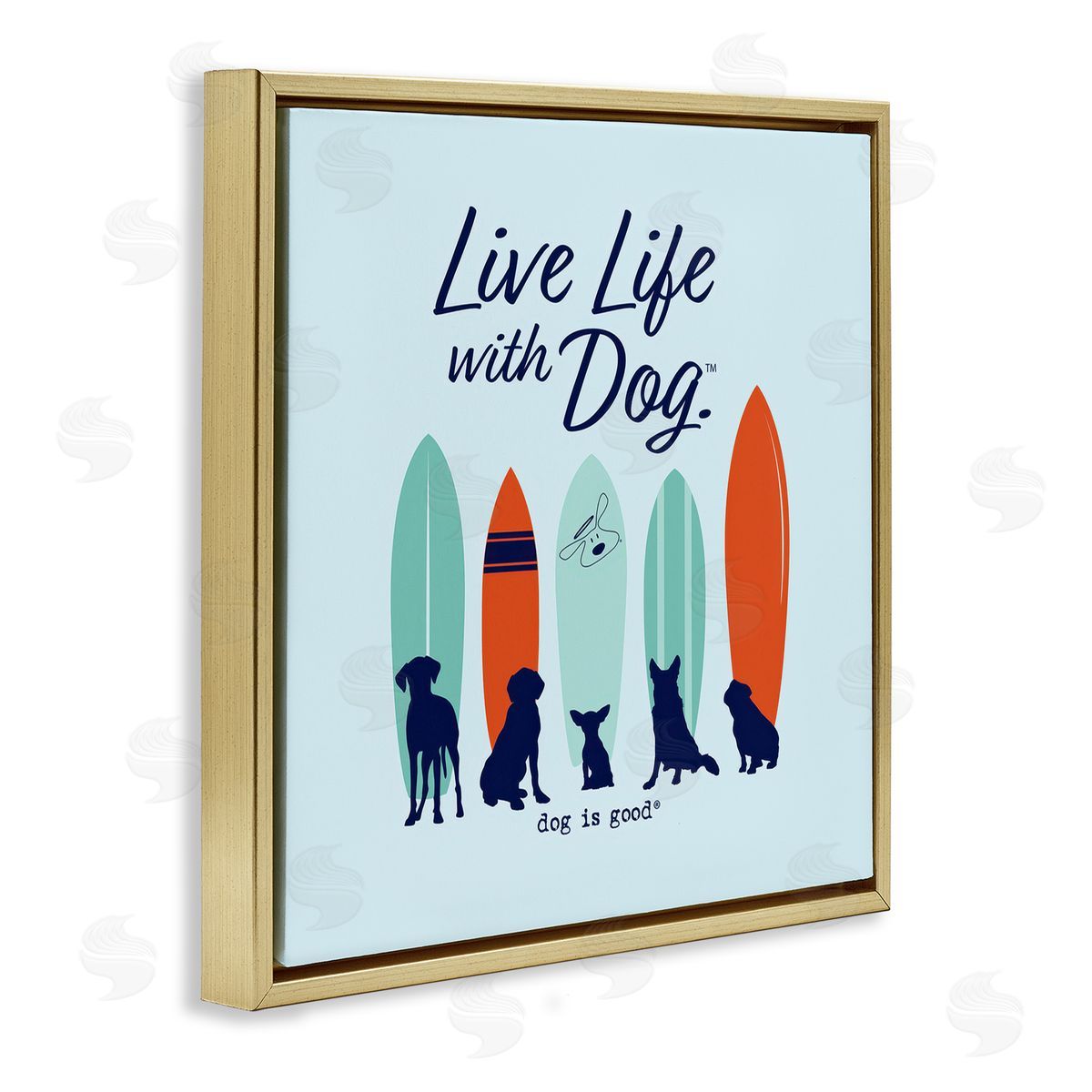 Dog Is Good Surfboards & Dogs Phrase Gold Floating Frame Canvas Wall Art Print