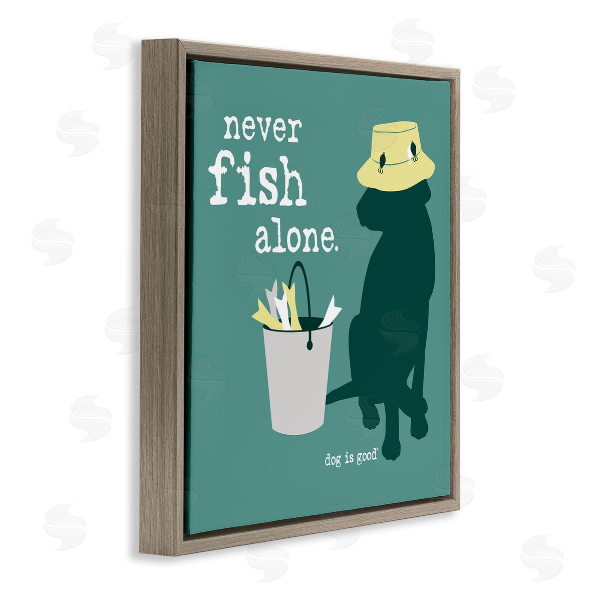 Dog Is Good Never Fish Alone Dog Brown Floating Frame Canvas Wall Art Print
