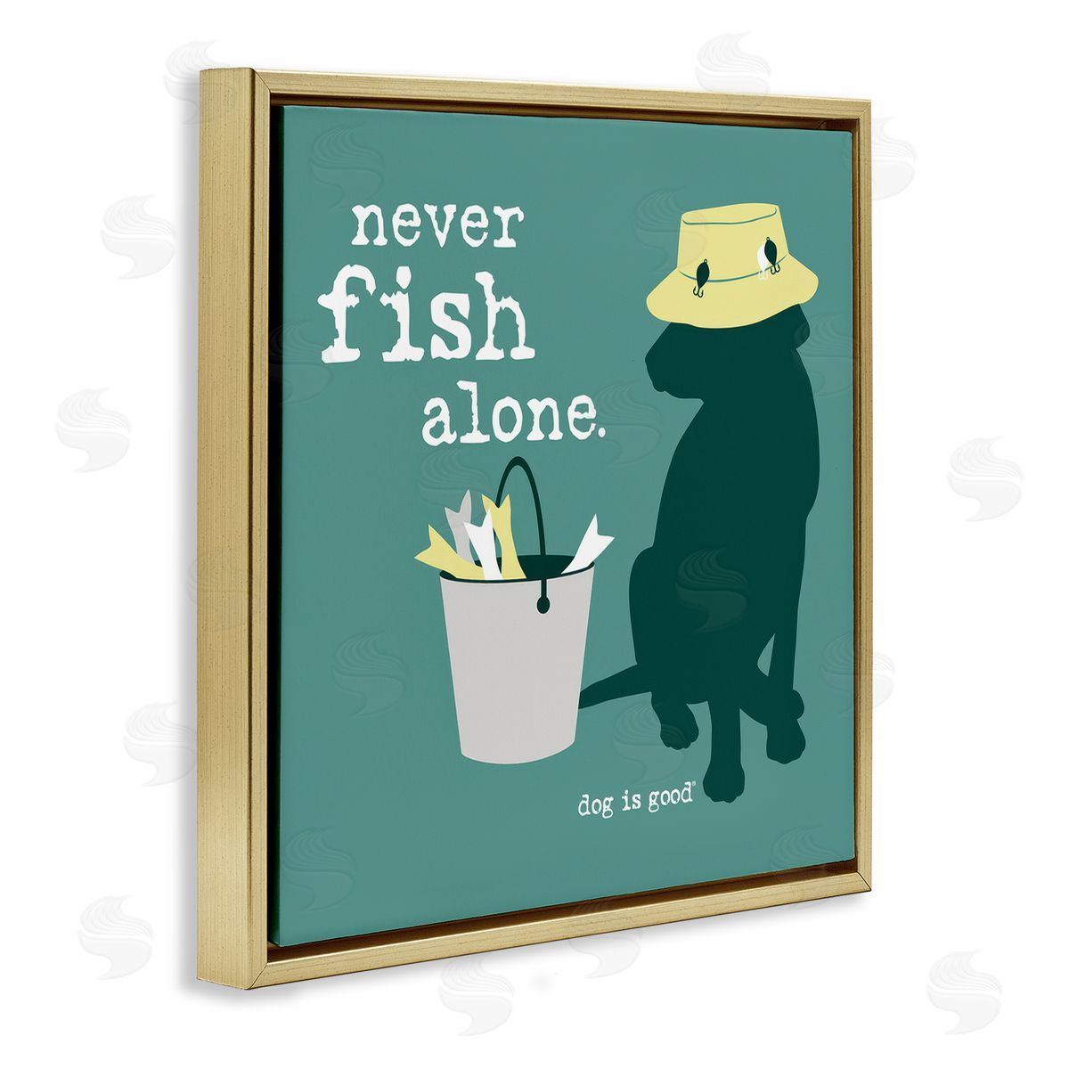 Dog Is Good Never Fish Alone Dog Gold Floating Frame Canvas Wall Art Print