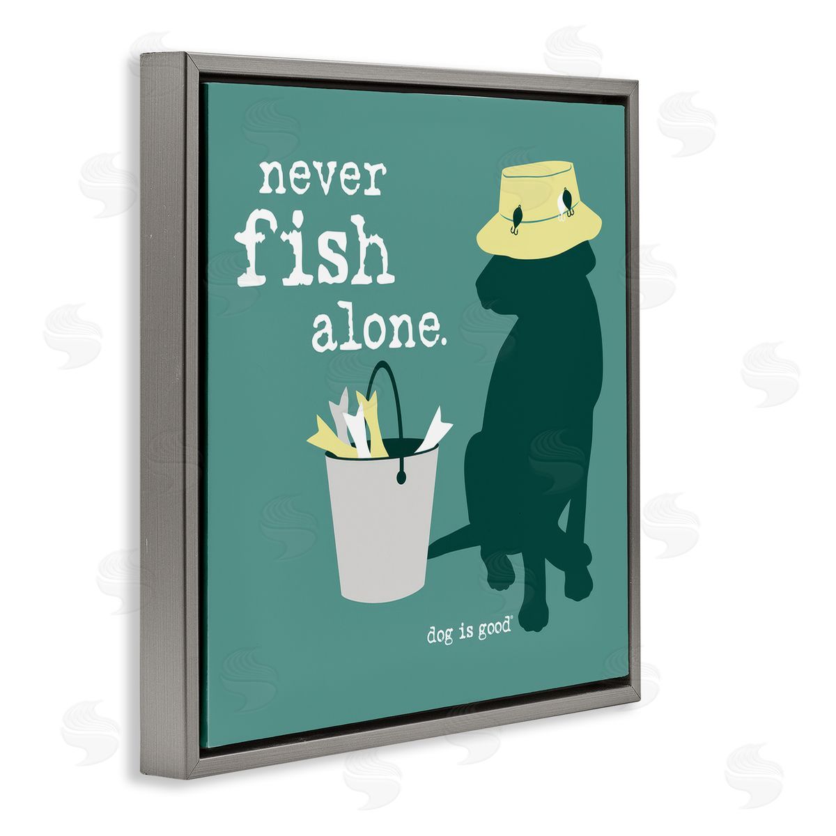Dog Is Good Never Fish Alone Dog Gray Floating Frame Canvas Wall Art Print