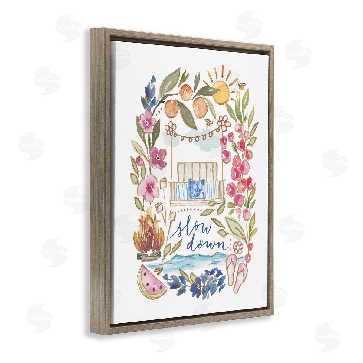 Blue Chair Blessing Slow Down Summer Florals Brown Floating Frame Canvas Wall Art Print
