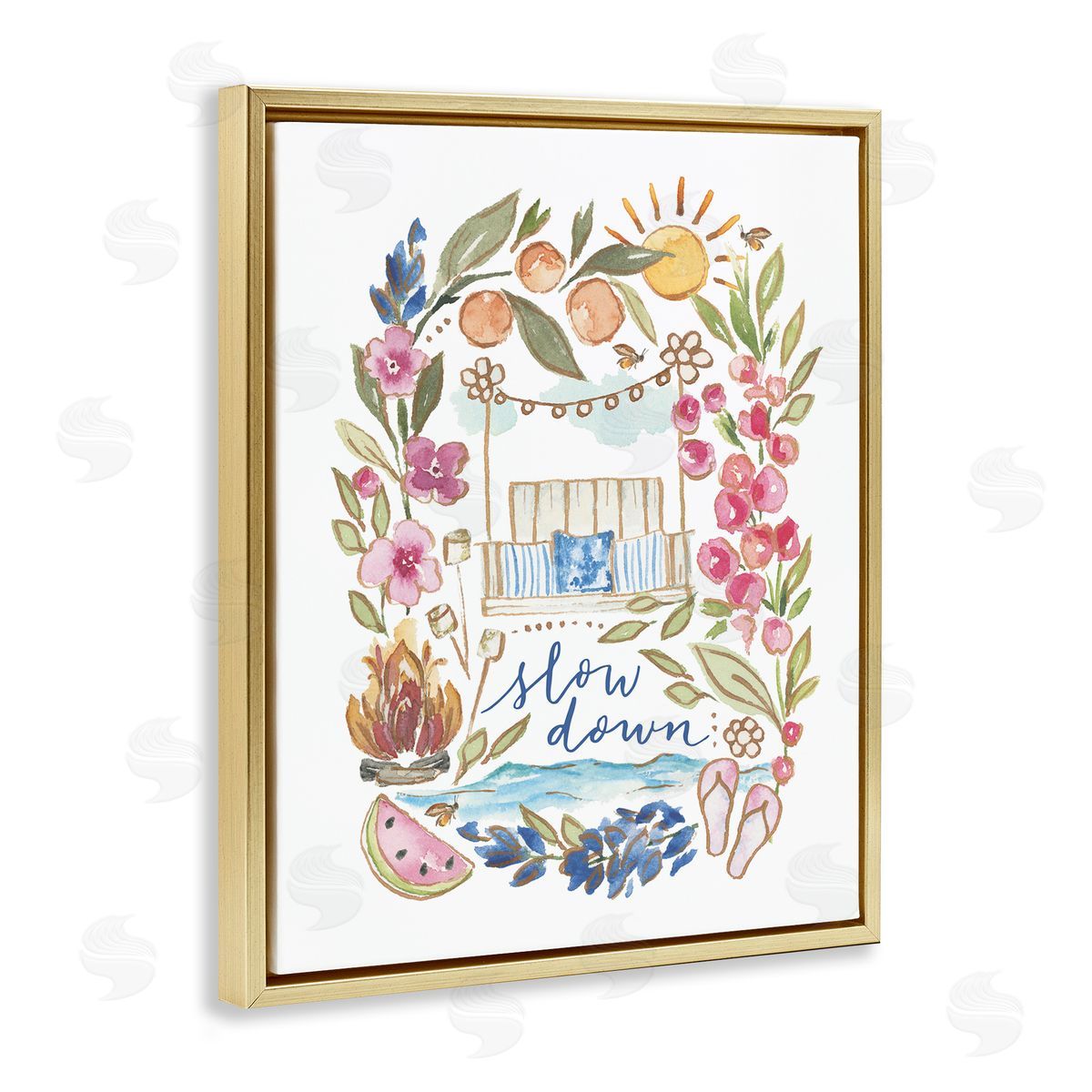 Blue Chair Blessing Slow Down Summer Florals Gold Floating Frame Canvas Wall Art Print