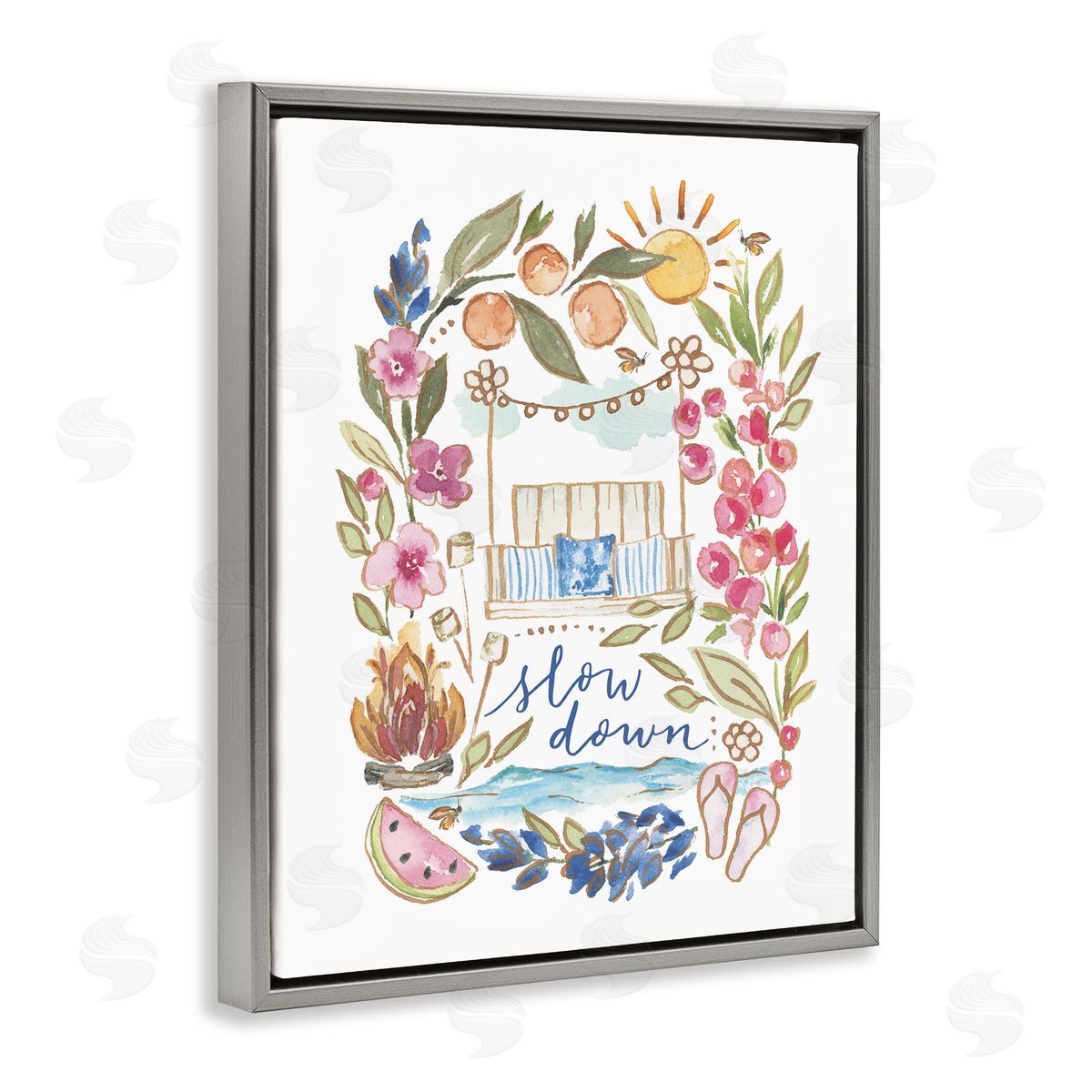Blue Chair Blessing Slow Down Summer Florals Gray Floating Frame Canvas Wall Art Print