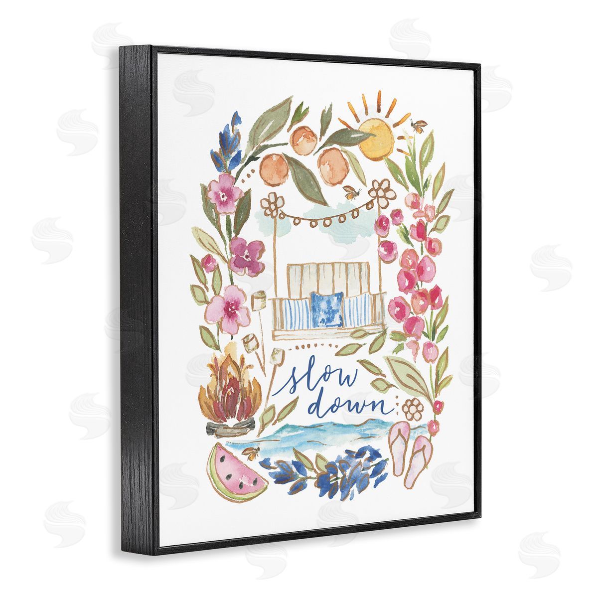 Blue Chair Blessing Slow Down Summer Florals Black Framed Giclee Wall Art Print