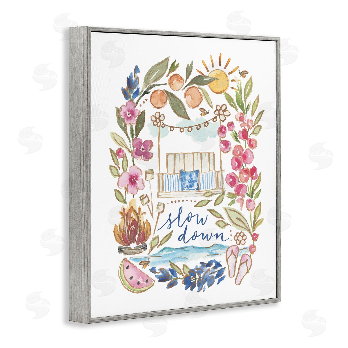 Blue Chair Blessing Slow Down Summer Florals Gray Framed Giclee Wall Art Print