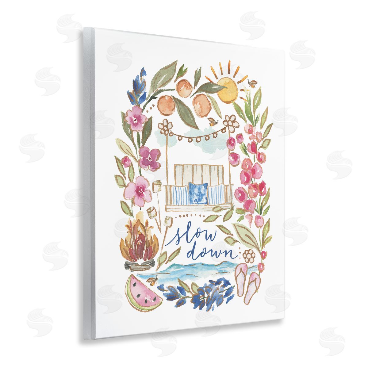 Blue Chair Blessing Slow Down Summer Florals Wooden Wall Plaque Art Print