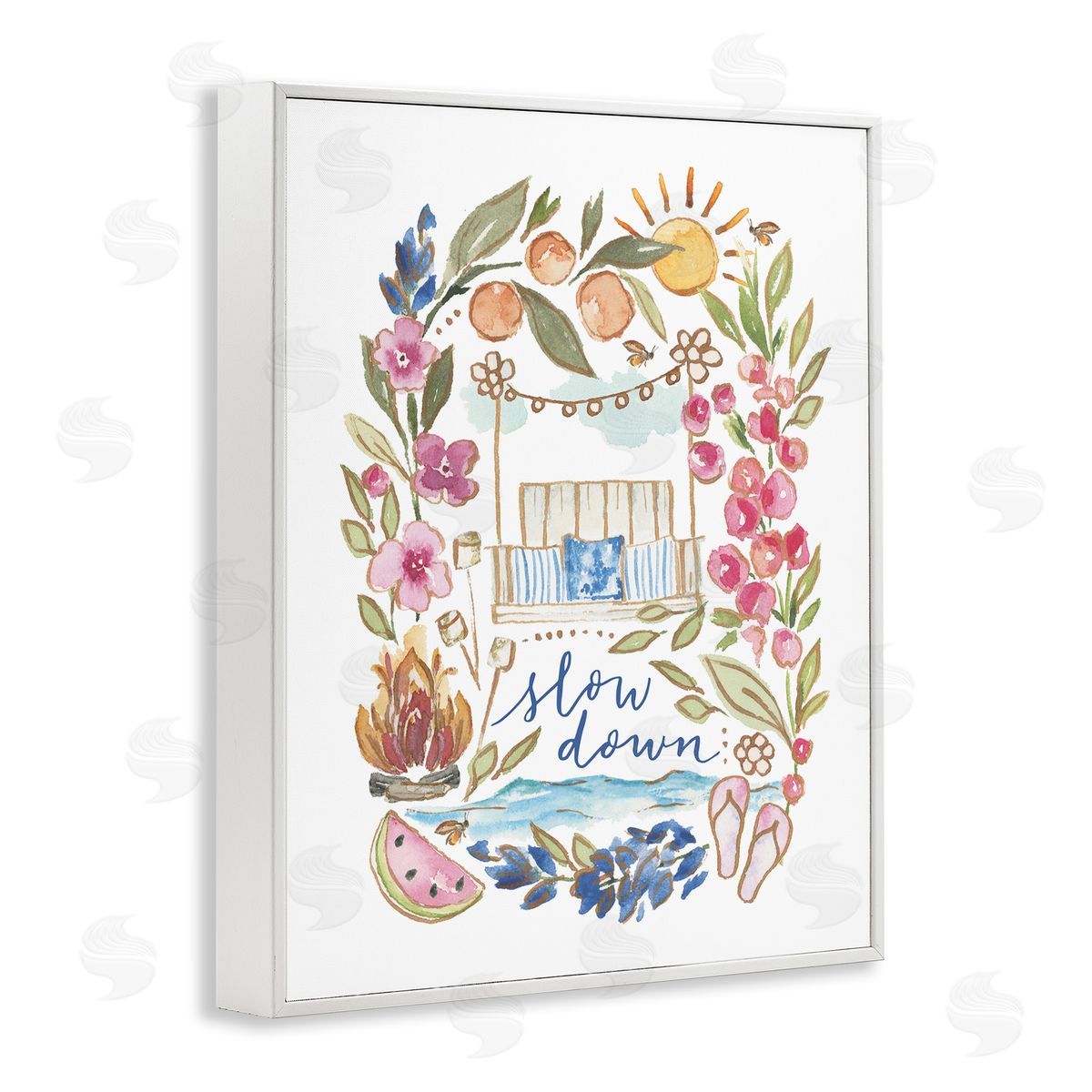 Blue Chair Blessing Slow Down Summer Florals White Framed Giclee Wall Art Print