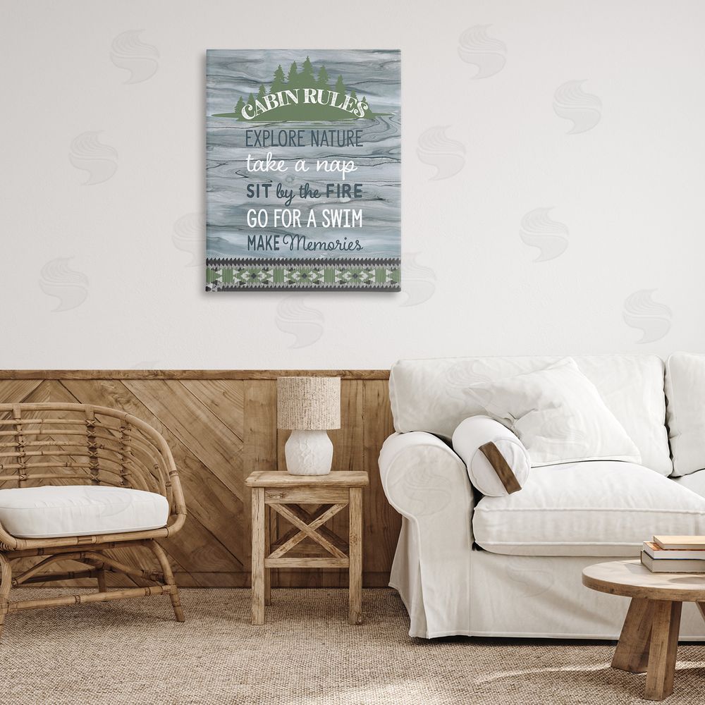 Fluidity/PDR LLC. Cabin Rules with Rustic Pattern Canvas Wall Art Print in Room