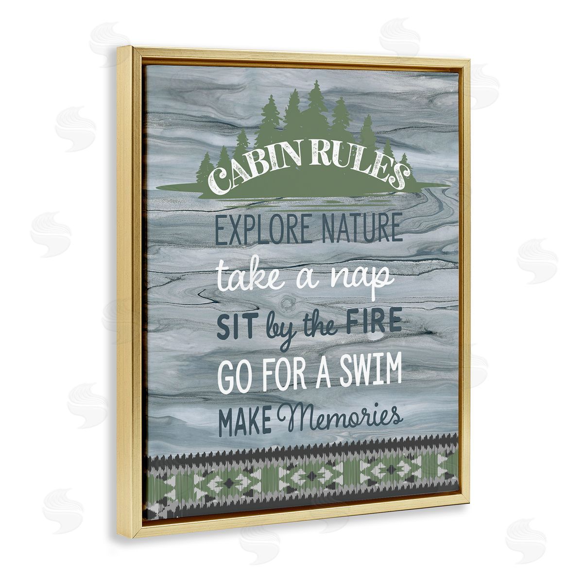 Fluidity/PDR LLC. Cabin Rules with Rustic Pattern Gold Floating Frame Canvas Wall Art Print