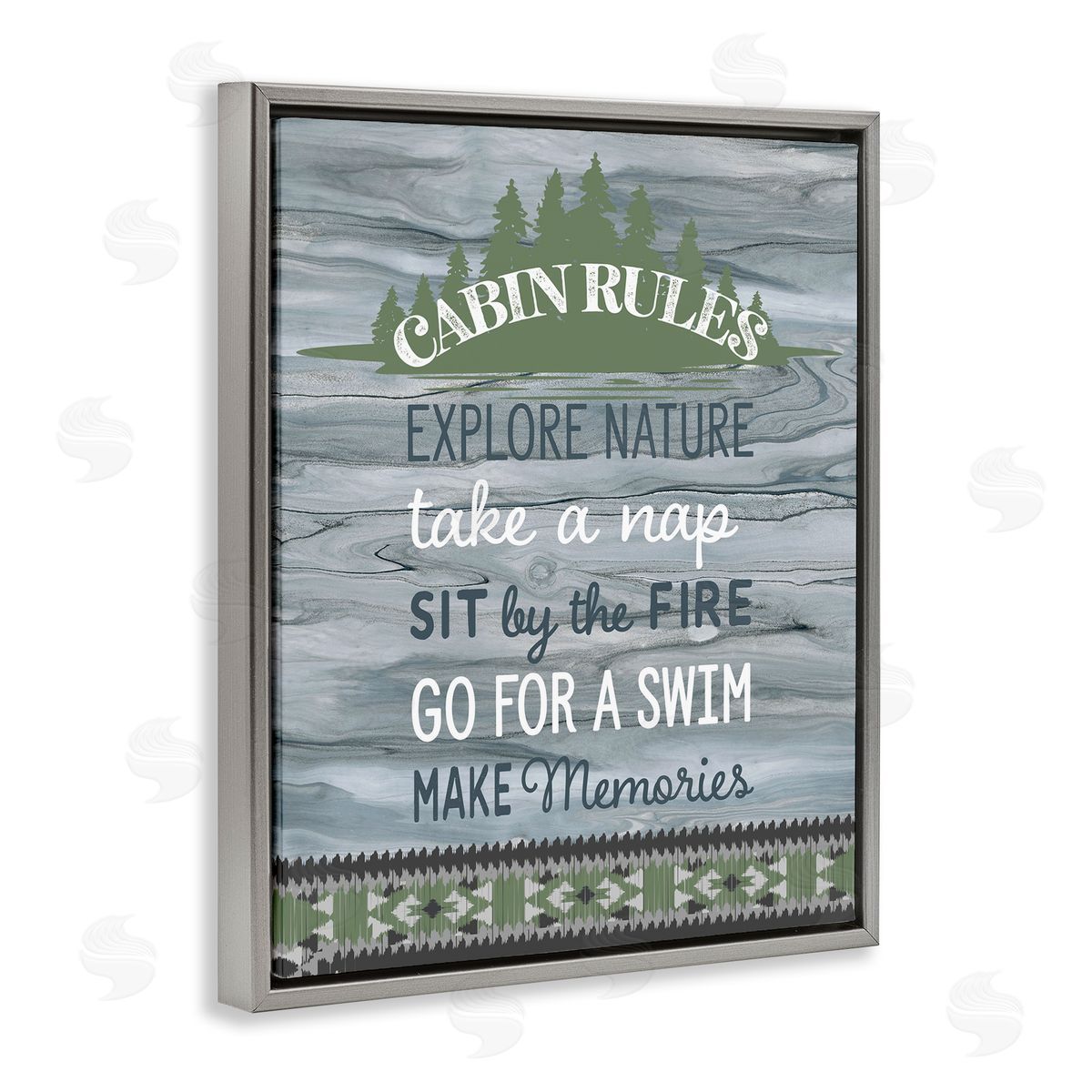Fluidity/PDR LLC. Cabin Rules with Rustic Pattern Gray Floating Frame Canvas Wall Art Print