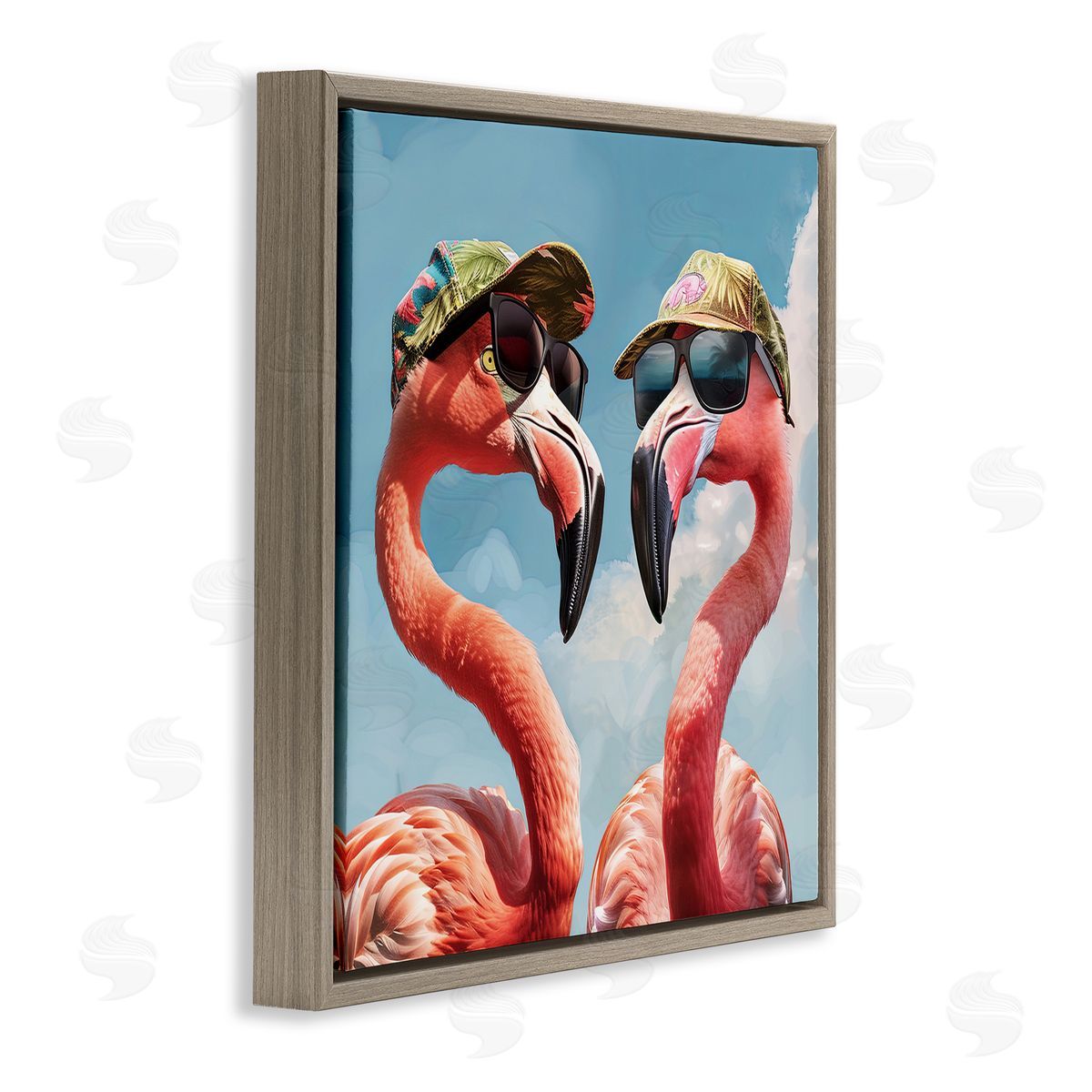 Jim Baldwin Flamingos with Tropical Hats Brown Floating Frame Canvas Wall Art Print