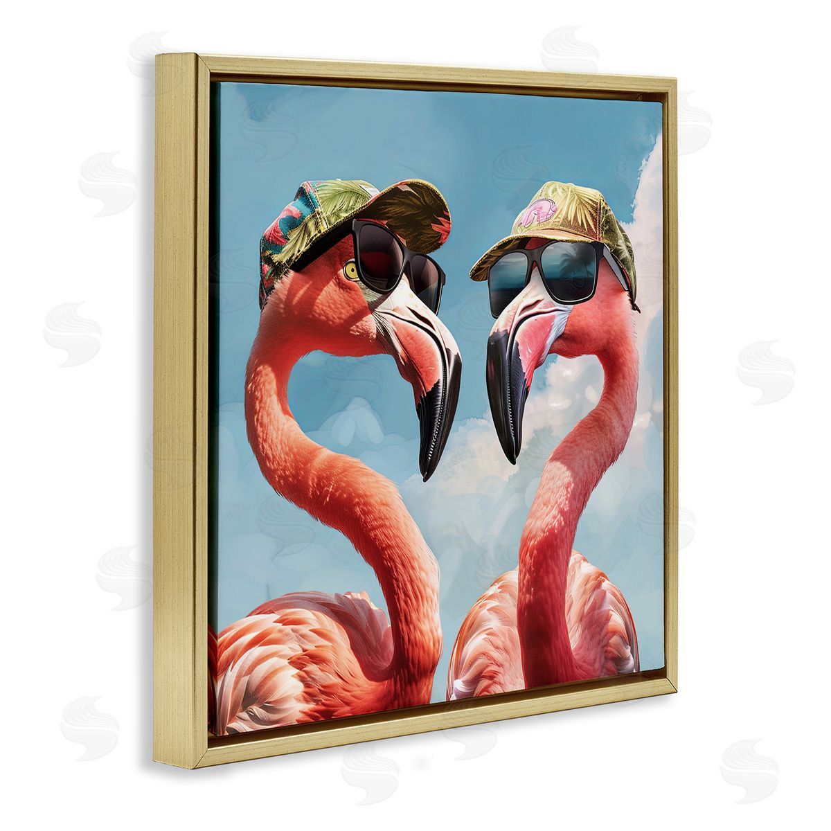 Jim Baldwin Flamingos with Tropical Hats Gold Floating Frame Canvas Wall Art Print
