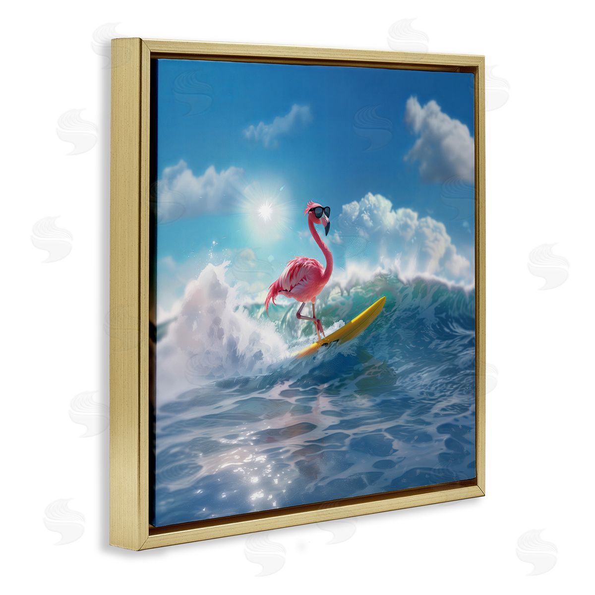 Jim Baldwin Flamingo Surfing White Caps Gold Floating Frame Canvas Wall Art Print