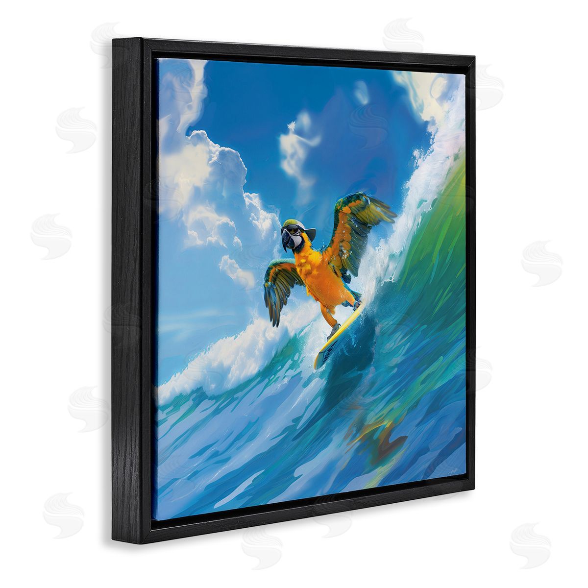 Jim Baldwin Parrot Surfing Sea Waves Black Floating Frame Canvas Wall Art Print