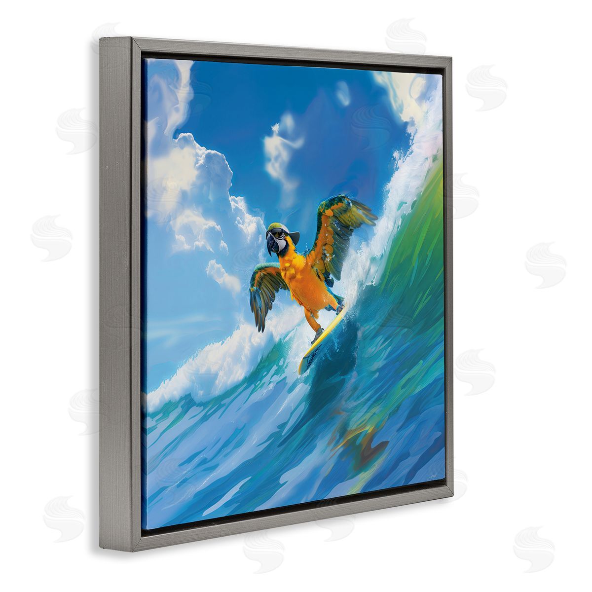 Jim Baldwin Parrot Surfing Sea Waves Gray Floating Frame Canvas Wall Art Print