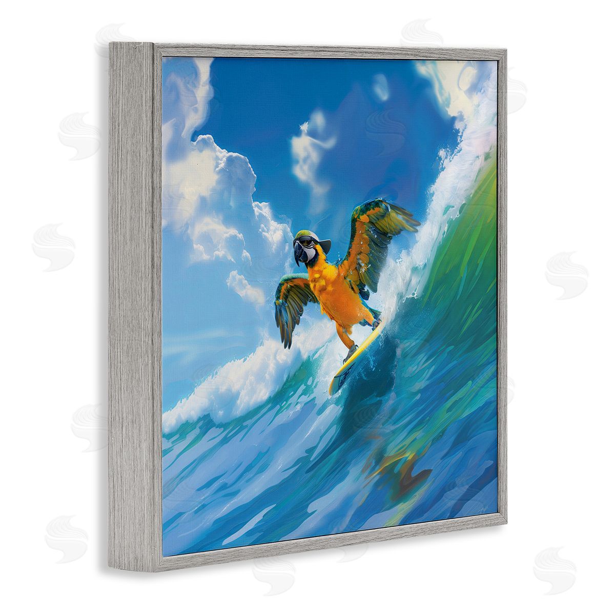 Jim Baldwin Parrot Surfing Sea Waves Gray Framed Giclee Wall Art Print