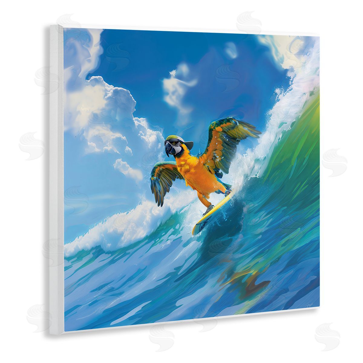 Jim Baldwin Parrot Surfing Sea Waves Wooden Wall Plaque Art Print