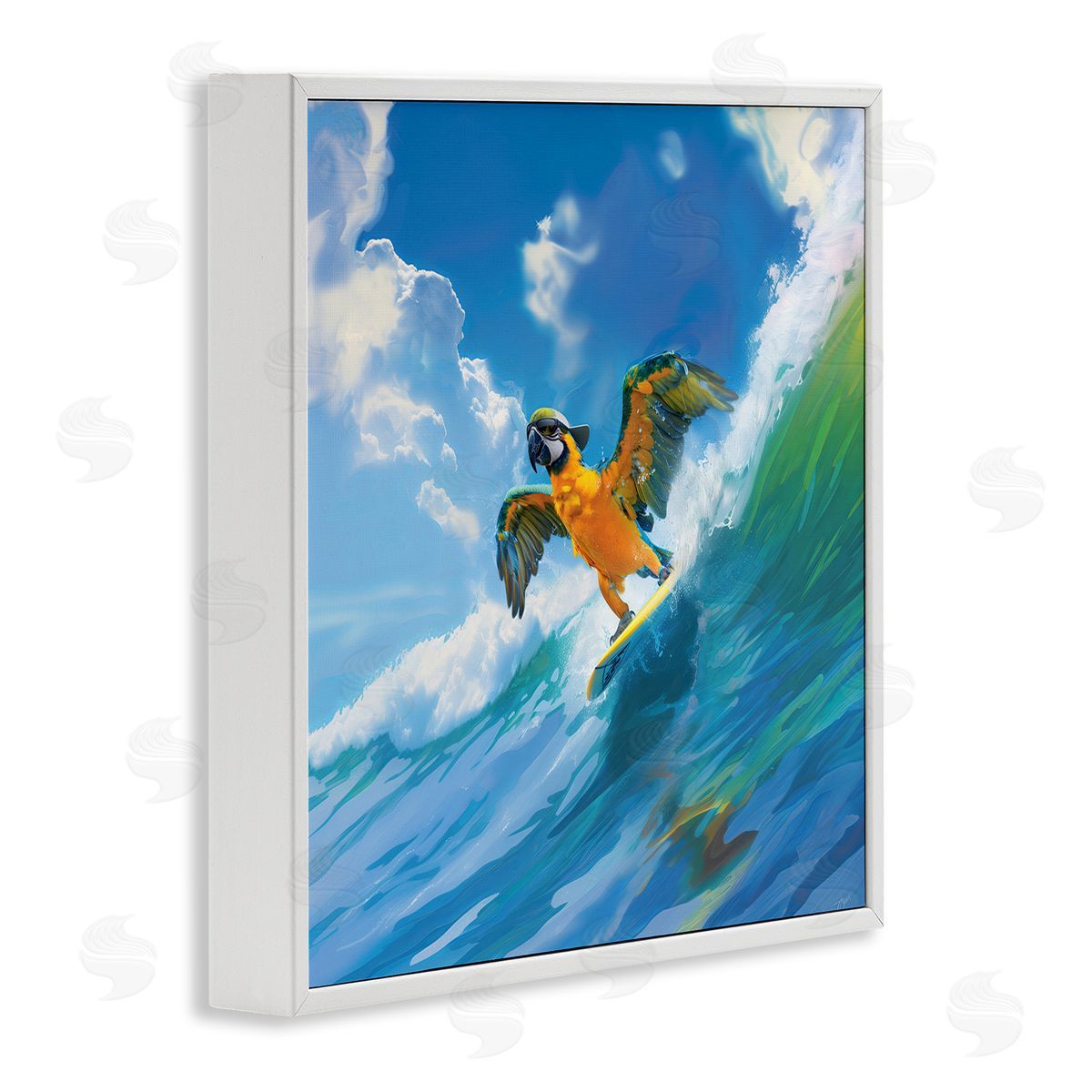 Jim Baldwin Parrot Surfing Sea Waves White Framed Giclee Wall Art Print