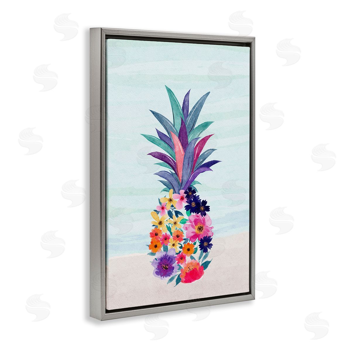 JJ Design House LLC Floral Pineapple Beach Gray Floating Frame Canvas Wall Art Print