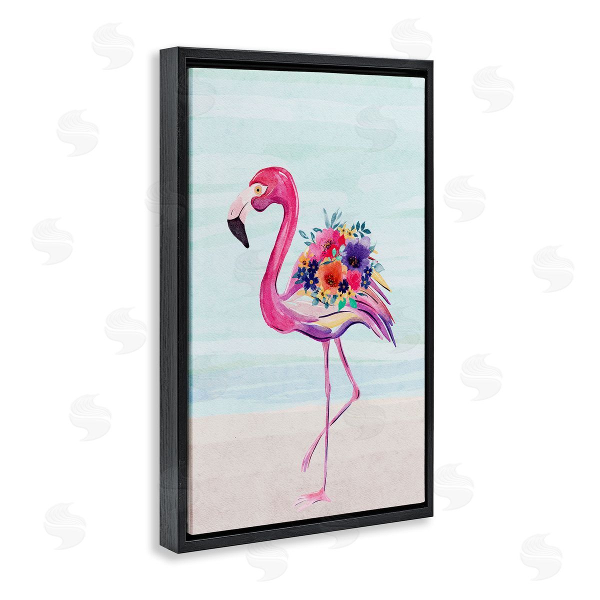 JJ Design House LLC Floral Flamingo Beach Black Floating Frame Canvas Wall Art Print