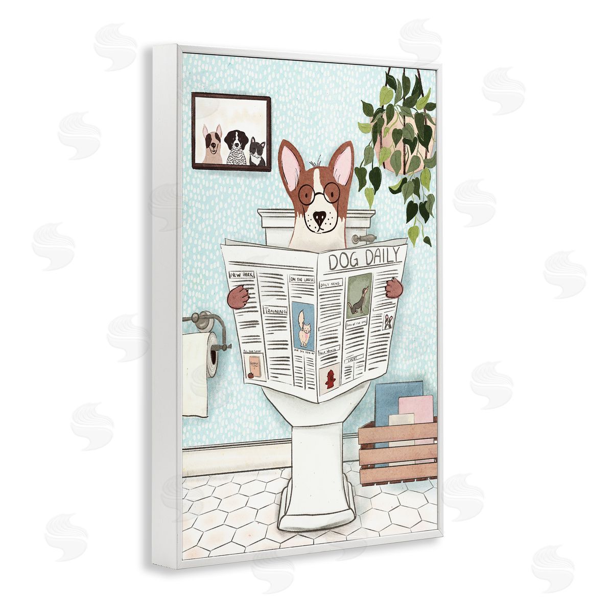 JJ Design House LLC Dog & Newspaper Bathroom White Framed Giclee Wall Art Print